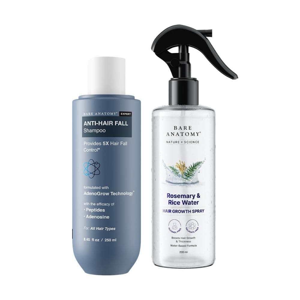 Bare Anatomy Expert Anti-Hair Fall Shampoo for 5x Hair Fall Control with Adenosine & Peptides (250ml) & Bare Anatomy Nature x Science Rosemary & Rice Water Spray for Hair Growth & Thickness (200 ml)