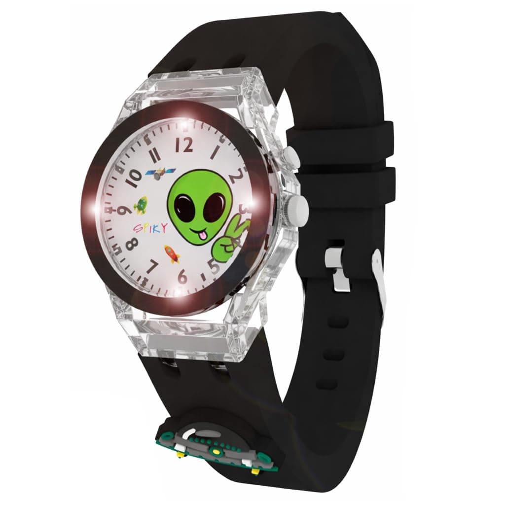 SPIKY Analog Watch For Kids (Black) | 3D Spaceship Alien Cartoon | 7 Multicolor LED Luminous Lights with Silicone Strap | Children’s Unisex Best Birthday Gift | Analogue Wrist Watches For Boys & Girls | Age 3-10 Yrs