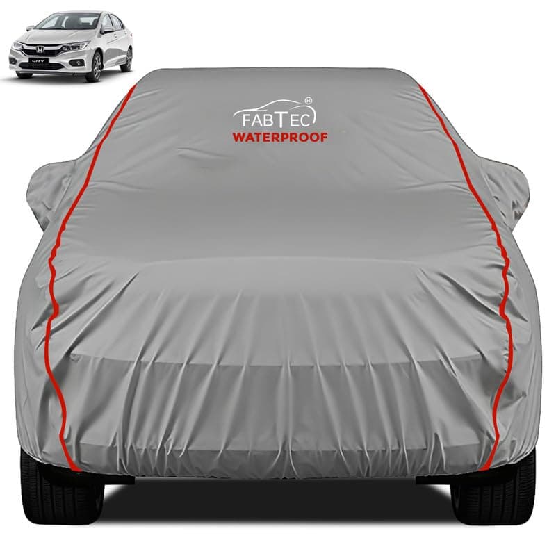 FABTEC Waterproof Premium Car Cover for Honda City Super Waterproof Car Body Cover Heavy Duty Durable PEVA Grey with Red Piping