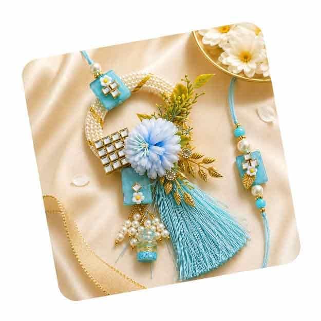 TIED RIBBONS Rakhi for Brother and Bhabhi - Premium Floral Couple Rakhi's Set of 2 with Tikka - Hanging Lumba Rakhi for Bhaiya Bhabhi - for Rakshabandhan