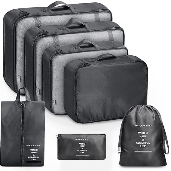 Lyrovo [UPDATED] 7pcs Travel Packing Cubes for clothes Laundry Toiletry Cosmetics Luggage Makeup Pouch Accessories Organizer Bag (Black)