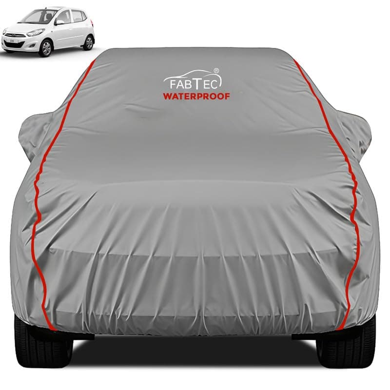 FABTEC Waterproof Premium Car Cover for Hyundai i10 Old Super Waterproof Car Body Cover Heavy Duty Durable PEVA Grey with Red Piping