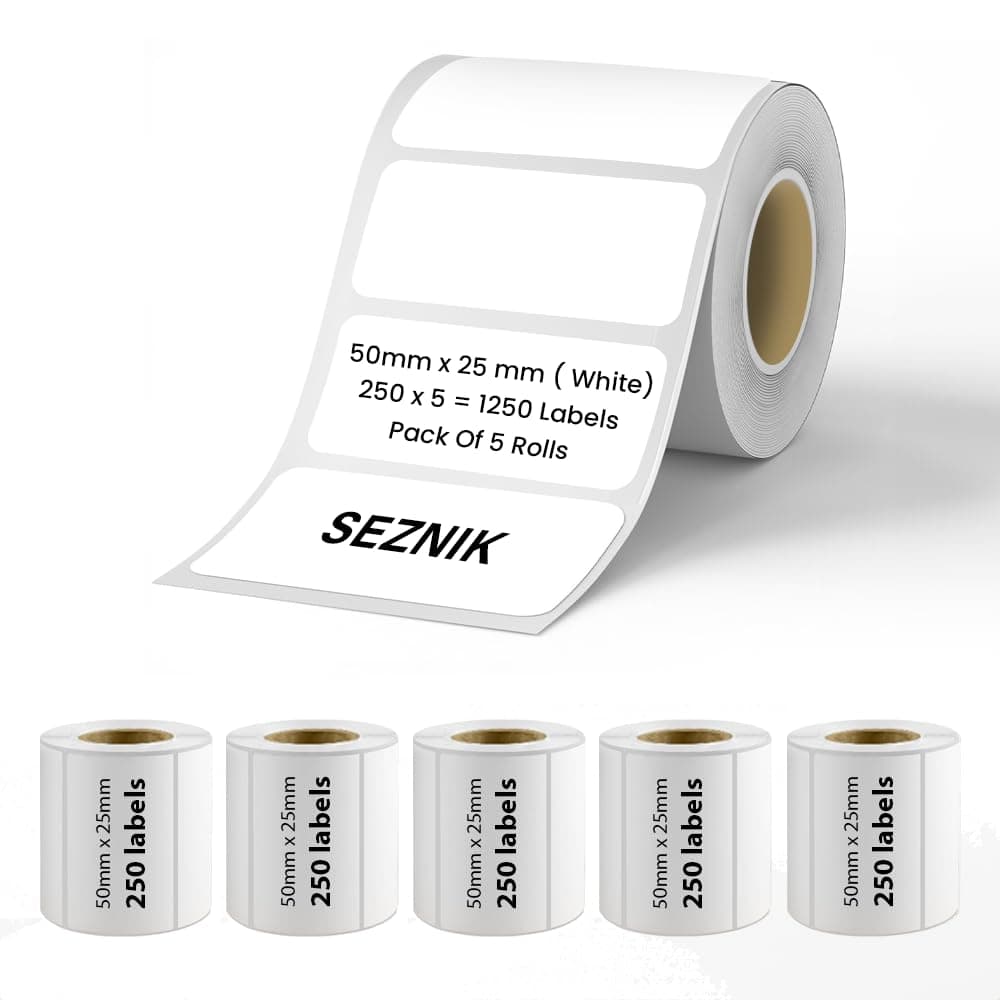 Seznik Thermal Lables, 50mmx25mm Label Roll Paper, 2 inch Self-Adhesive Thermal Paper for Thermal Printer [Printer NOT Included] (White - 50mmx25mm - 1250 Labels)