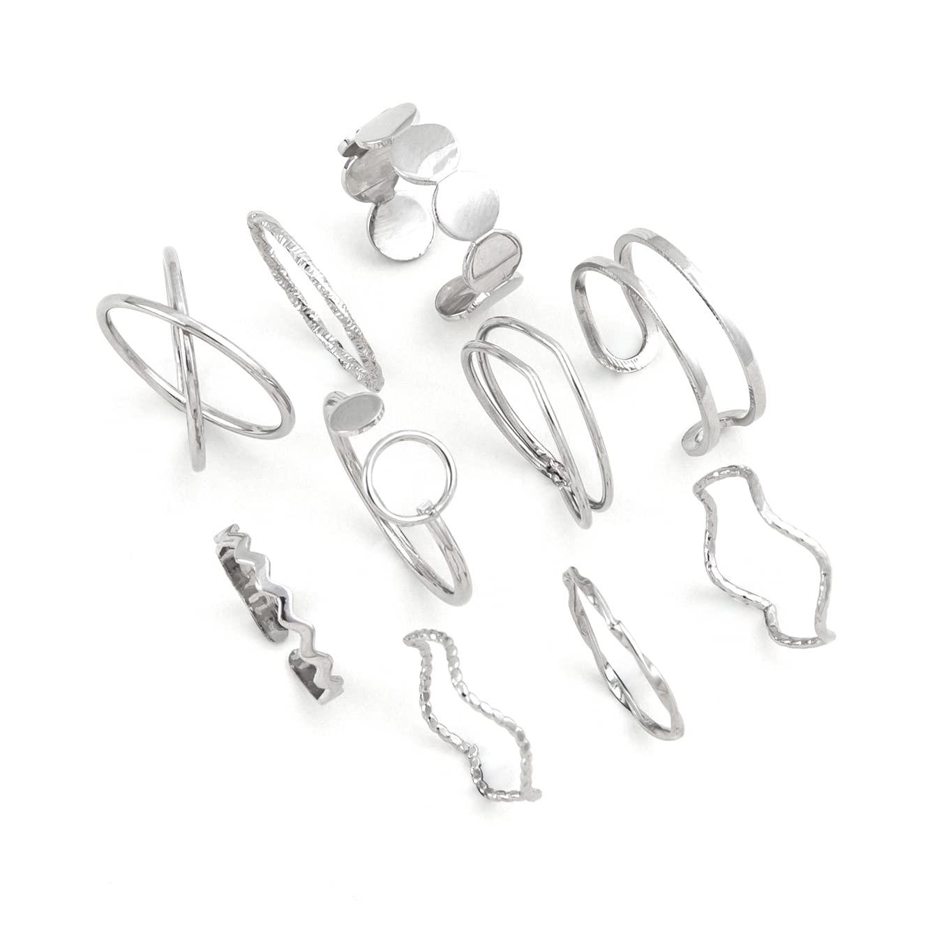 Shining Diva Fashion Latest Stylish Metal Boho Midi Finger Rings for Women and Girls - Set of 10 (14183r), Silver