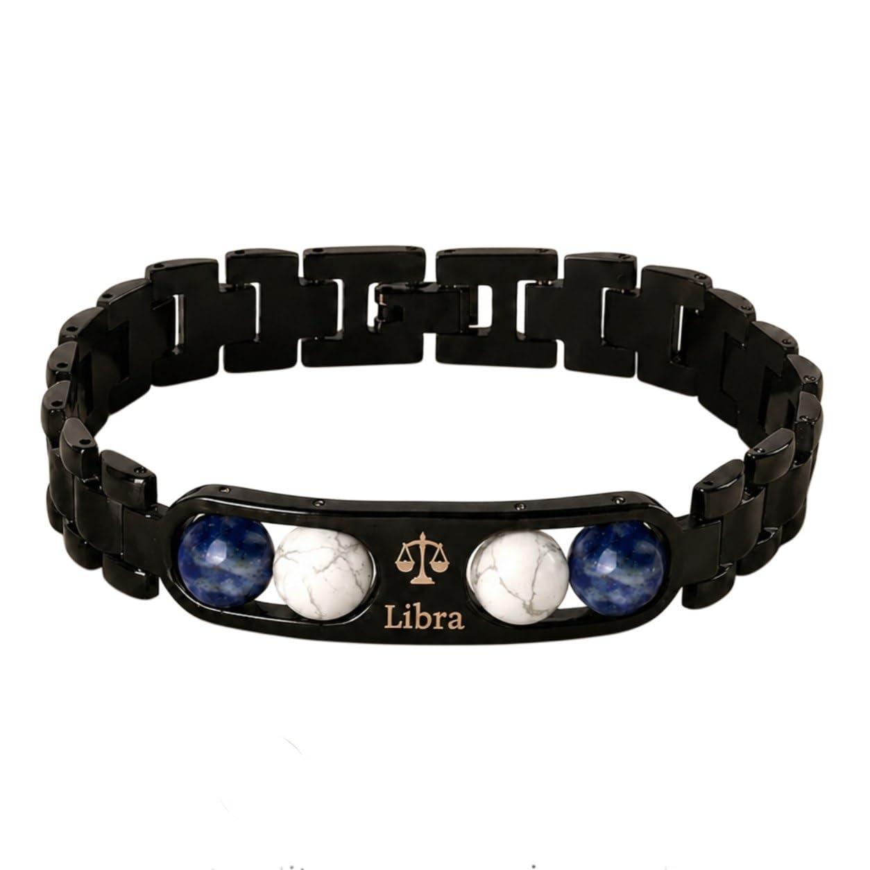 AANGAN AURA Libra for Men, Zodiac Crystal Bracelet with Lapis Lazuli & Howlite, 8mm Beads, Adjustable 20cm Black Bracelet for Libra Birthdays, Balance & Calm