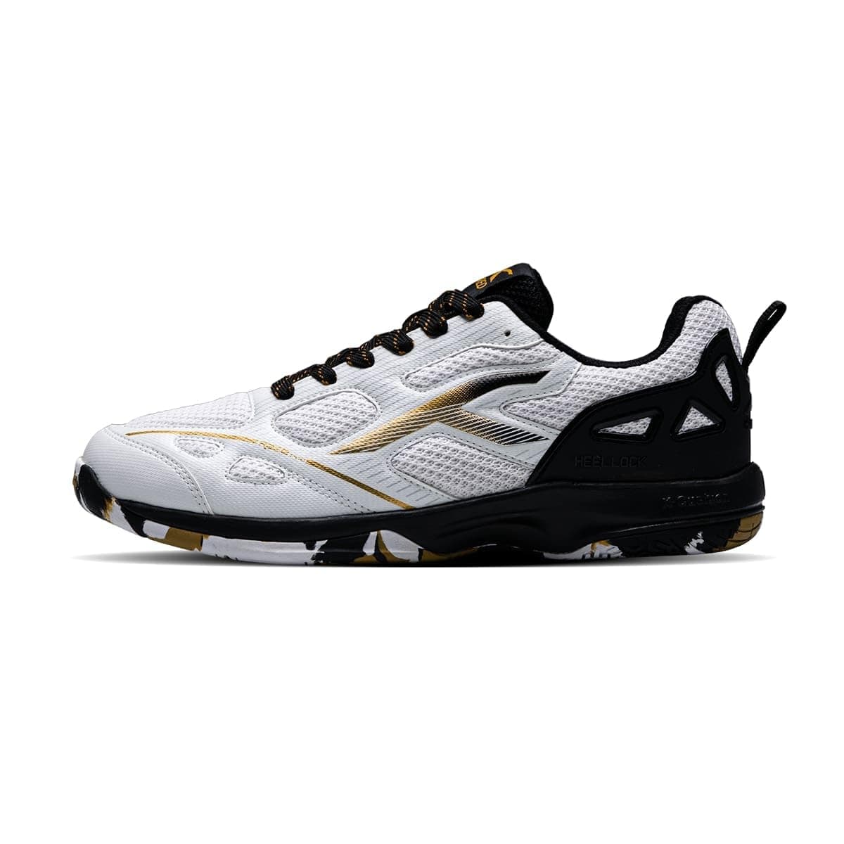 Hundred Men Raze Pro Badminton Shoes (Non Marking) | Also Indoor Sports | Lightweight, Breathable & Durable | X-Cushion | Active Grip Sole | Extended Heel Lock (White/Gold/Black ; UK 9)
