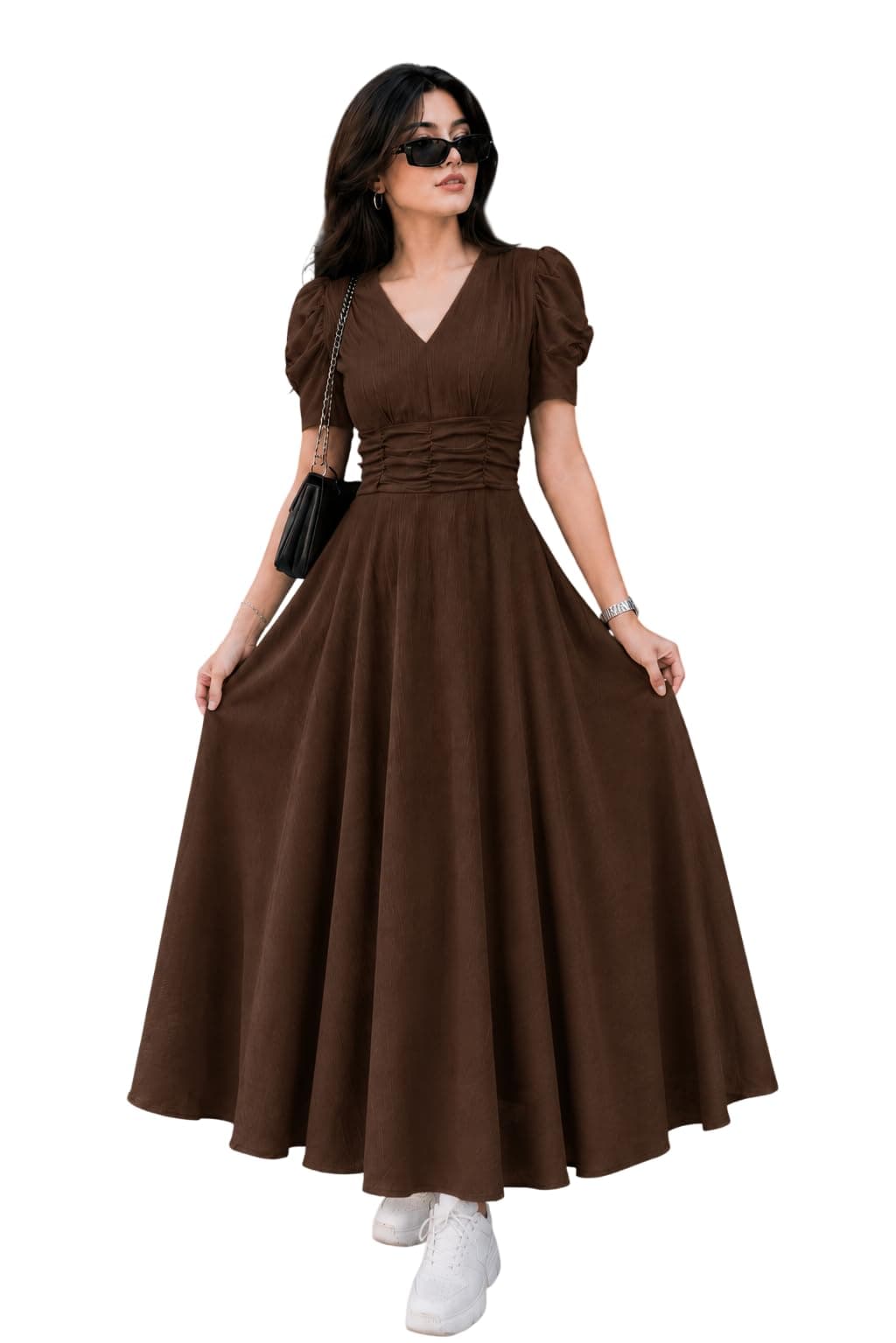 Preneum Girl's & Women's Solid Color V-Neck A-Line Maxi Dress for Women | New Year Party Outfit | Waist Cinched Puff Sleeve Western | Elegant Casual Wear (Availble in Plus Size) Brown
