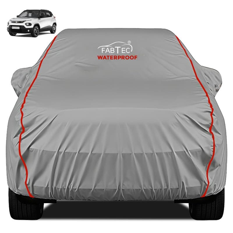 FABTEC Waterproof Premium Car Cover for Tata Punch (2020-2023) Super Waterproof Car Body Cover with Mirror Pocket Heavy Duty Durable PEVA Grey with Red Piping