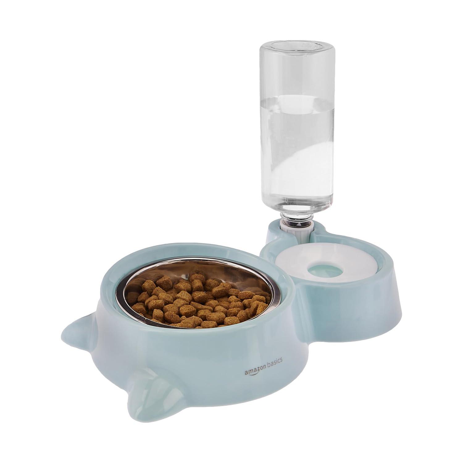 Amazon Basics 2 In1 Pet Feeder Food and Water Dispenser|Stainless Steel Bowl|Automatic Water Dispensing Mechanism|Suitable for Cats and Dogs, 32 cm, H_22 cm, W_16.5 cm, Medium