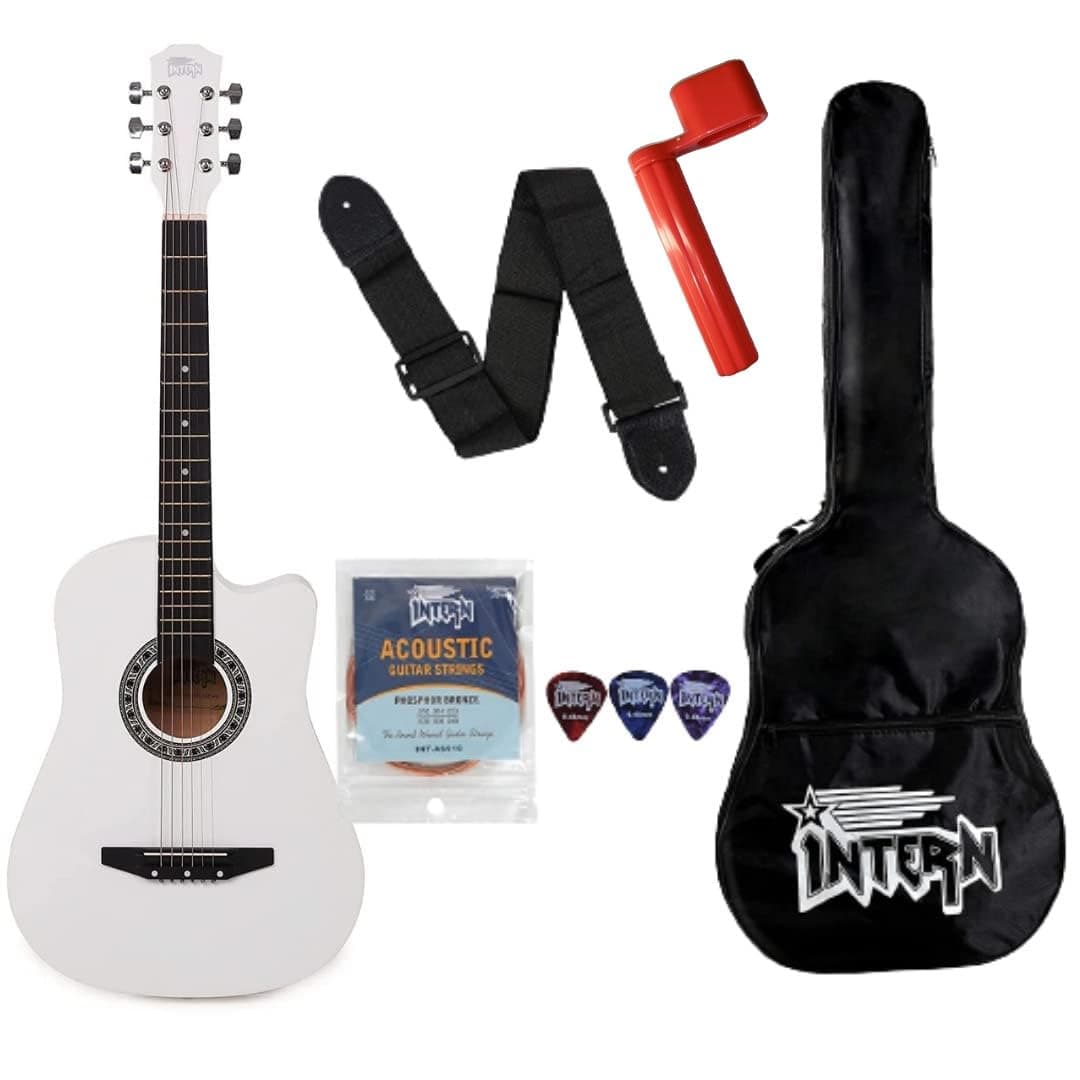 Intern Right hand Acoustic Guitar Kit, With Bag, Strings, Pick, Strap and String Winder (White, 38 Inch)