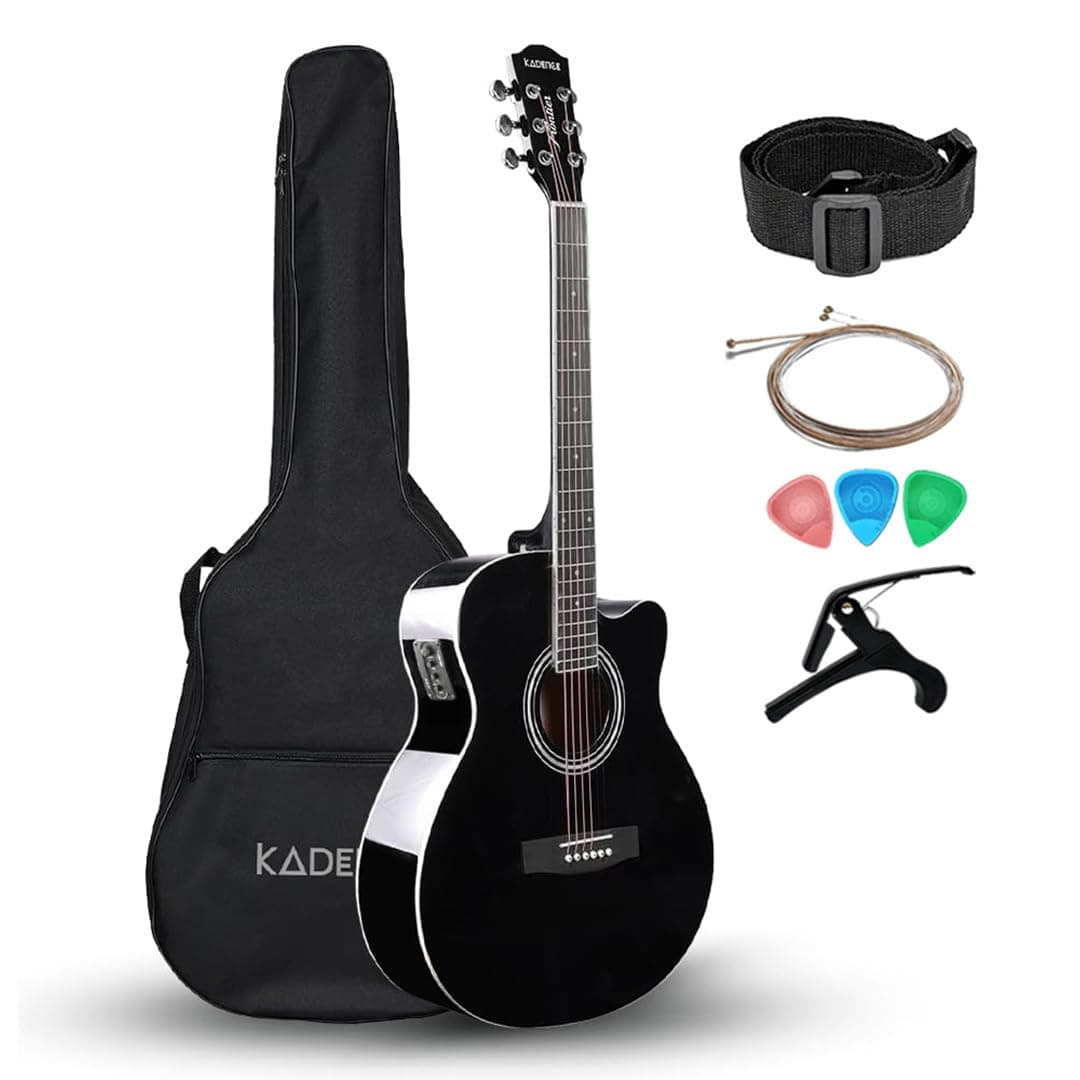 Kadence FNTR-BLKEQC Frontier 40" Electro Acoustic Guitar | Grand Auditorium Cutaway | Built-in Pickup + 3 Band EQ | Comes with Bag, Set of Strings, Strap, Picks, Capo & Learning Course | Black