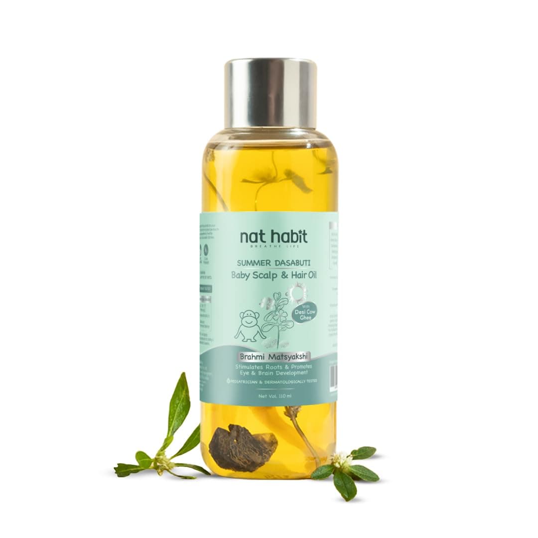 Nat Habit Summer Baby Hair Oil for Kids 0-5 Years | Ayurvedic Hair Oil for Baby with Brahmi, Matsyakshi & Dasabuti | Baby Hair Growth Oil with Desi Ghee & Cold Pressed Oils | Cools Body, Aids Sleep, 110ml