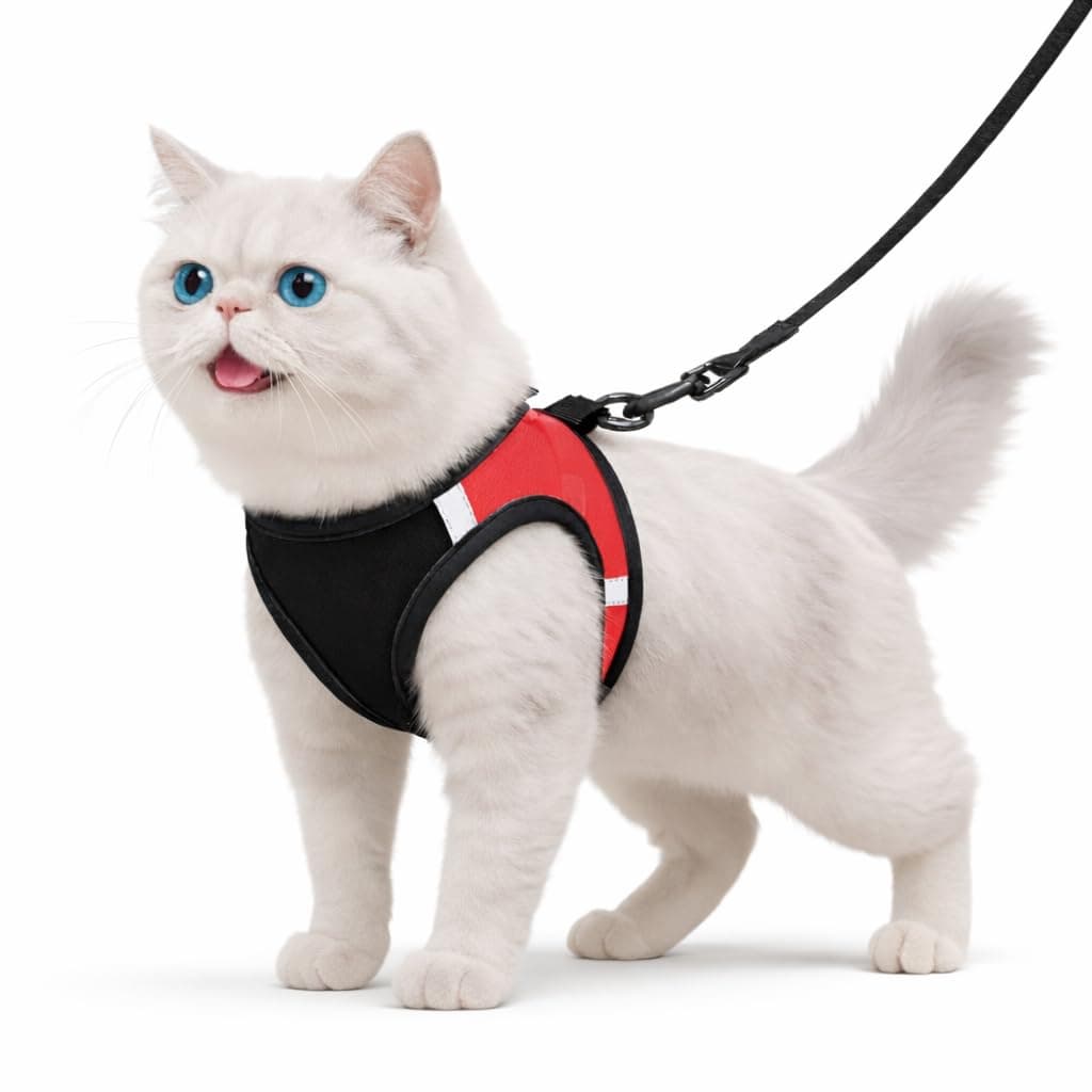 Berlin's Cat Harness with Leash for Outdoor, Walking, Escape Proof, Air Mesh Fabric, Easy Control, Adjustable & Durable Cat Leash with Harness for Cats (Black-Red, Medium)