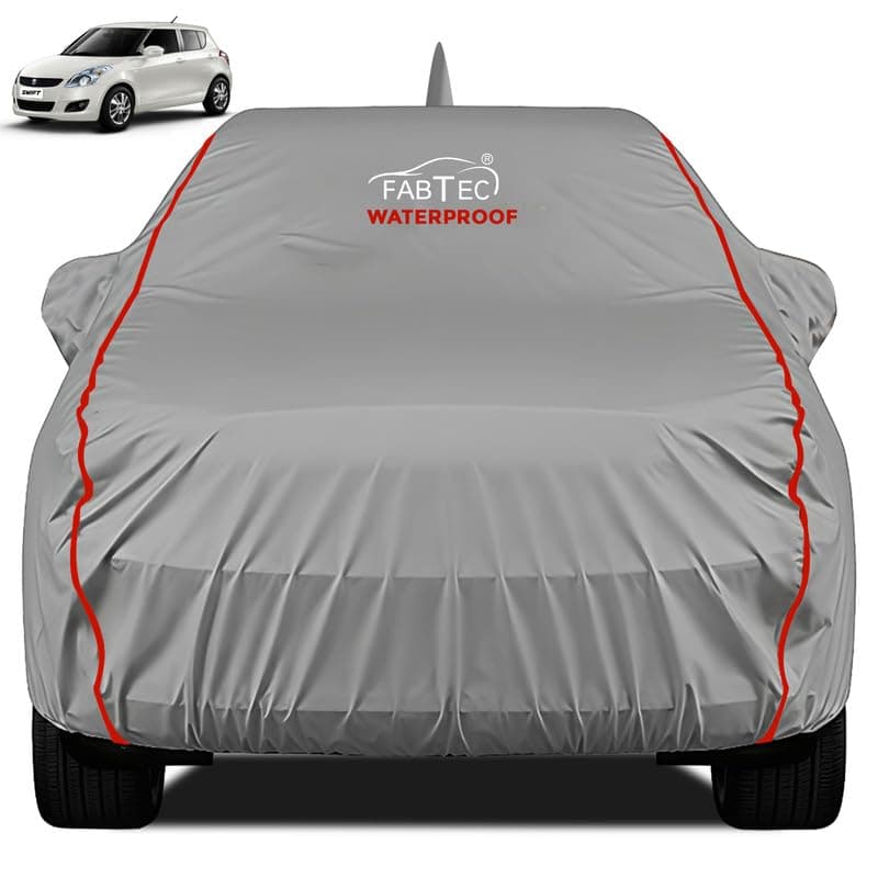 FABTEC Waterproof Premium Car Cover for Maruti Swift (2012-17) Super Waterproof Car Body Cover Heavy Duty Durable PEVA Grey with Red Piping