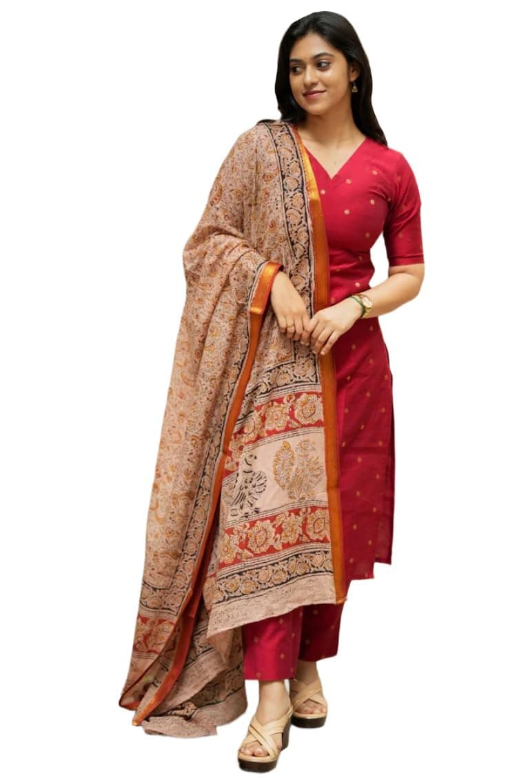 GoSriKi Women's Rayon Viscose Straight Printed Kurta with Pant & Dupatta (Ahankar Red-GS-FBA_M_Red_Medium)