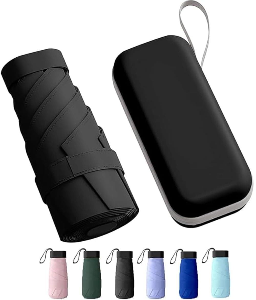 TEKCOOL Travel Mini Folding Compact Umbrella with Case, Manual Open 6 Ribs Lightweight Portable, Small Sun & Rain Pocket Umbrella for Girls and Women- Use in Rain & Summer(Black)''