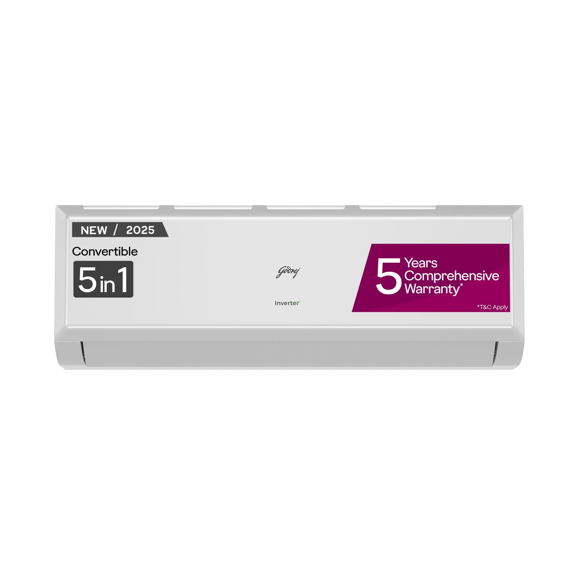 Godrej 1.5 Ton 3 Star, 5 Years Comprehensive Warranty, AI Powered, 5-In-1 Convertible Cooling, Inverter Split AC (Copper, Model, Heavy duty cooling at 52 °C, AC1.5T EI 18P3T WZT 3S, White)