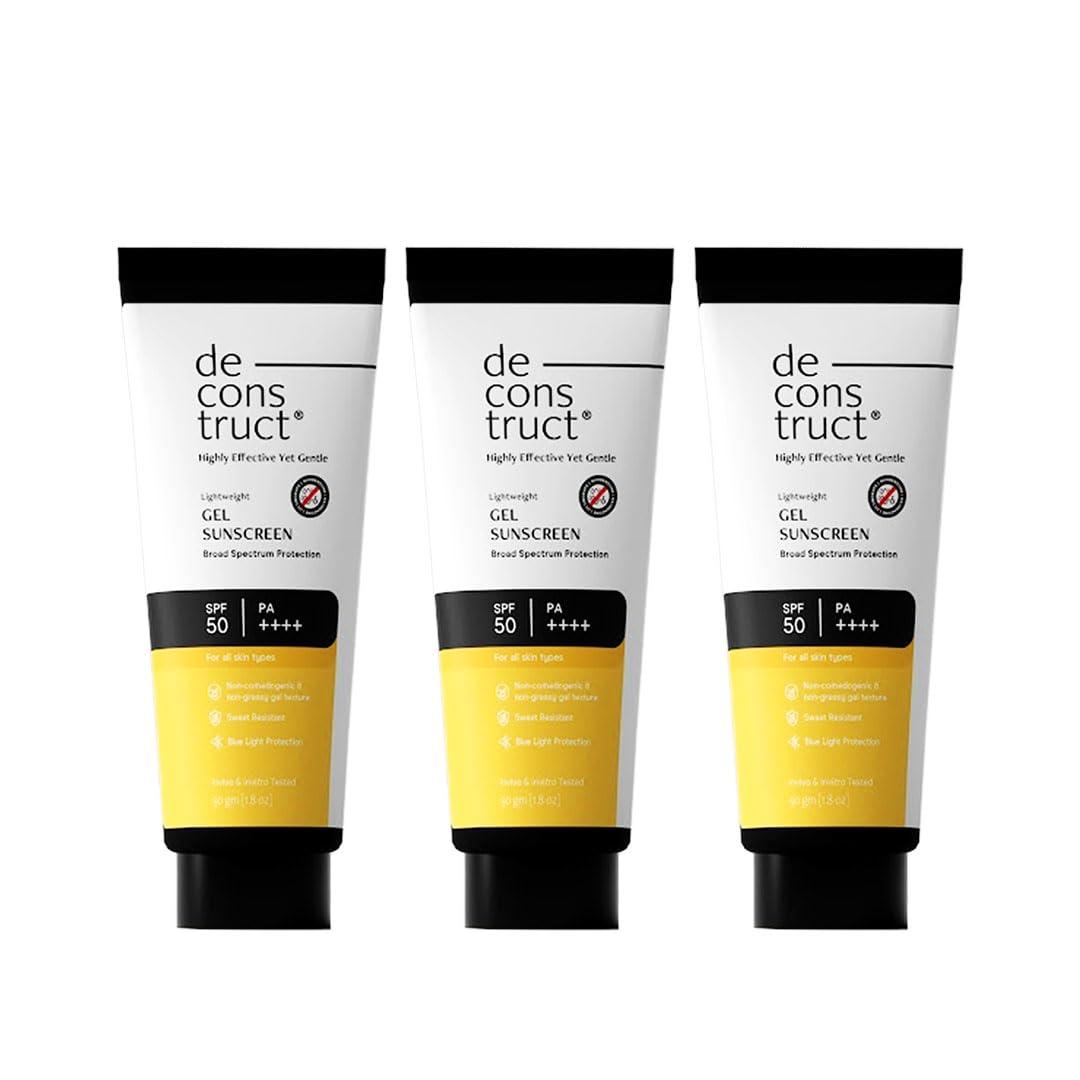 Deconstruct Gel Sunscreen for Oily skin SPF 50 PA++++ |100% Photostable Sunscreen |4 New Gen UV Filters |In-Vivo |Lightweight, Airy, Non-greasy |For oily, combination, normal skin |For Men & Women 50g ( Pack of 3)