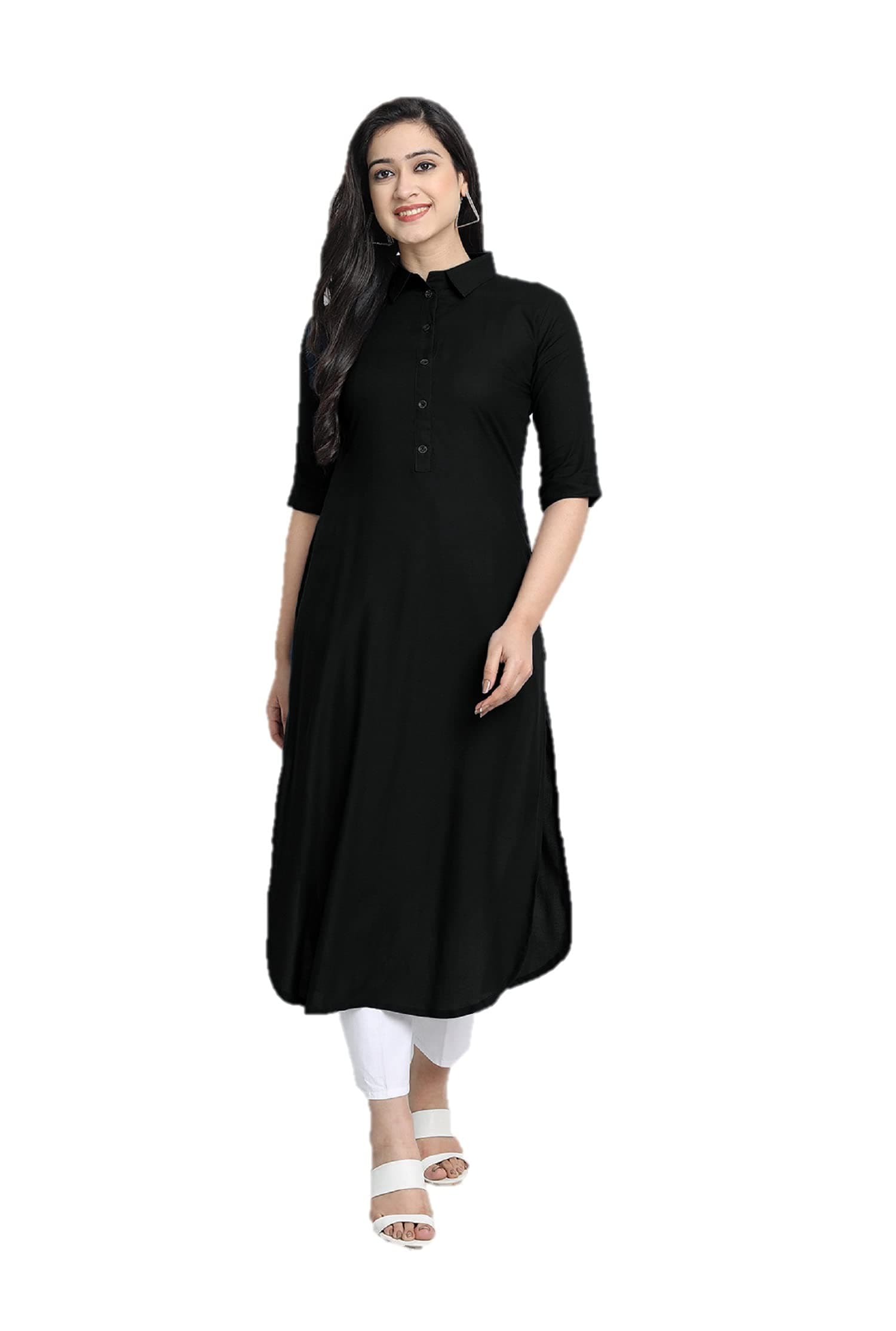 Nitimatta Women's Straight Pathani Style Rayon Collar Kurta Solid Kurti for Women Black XL