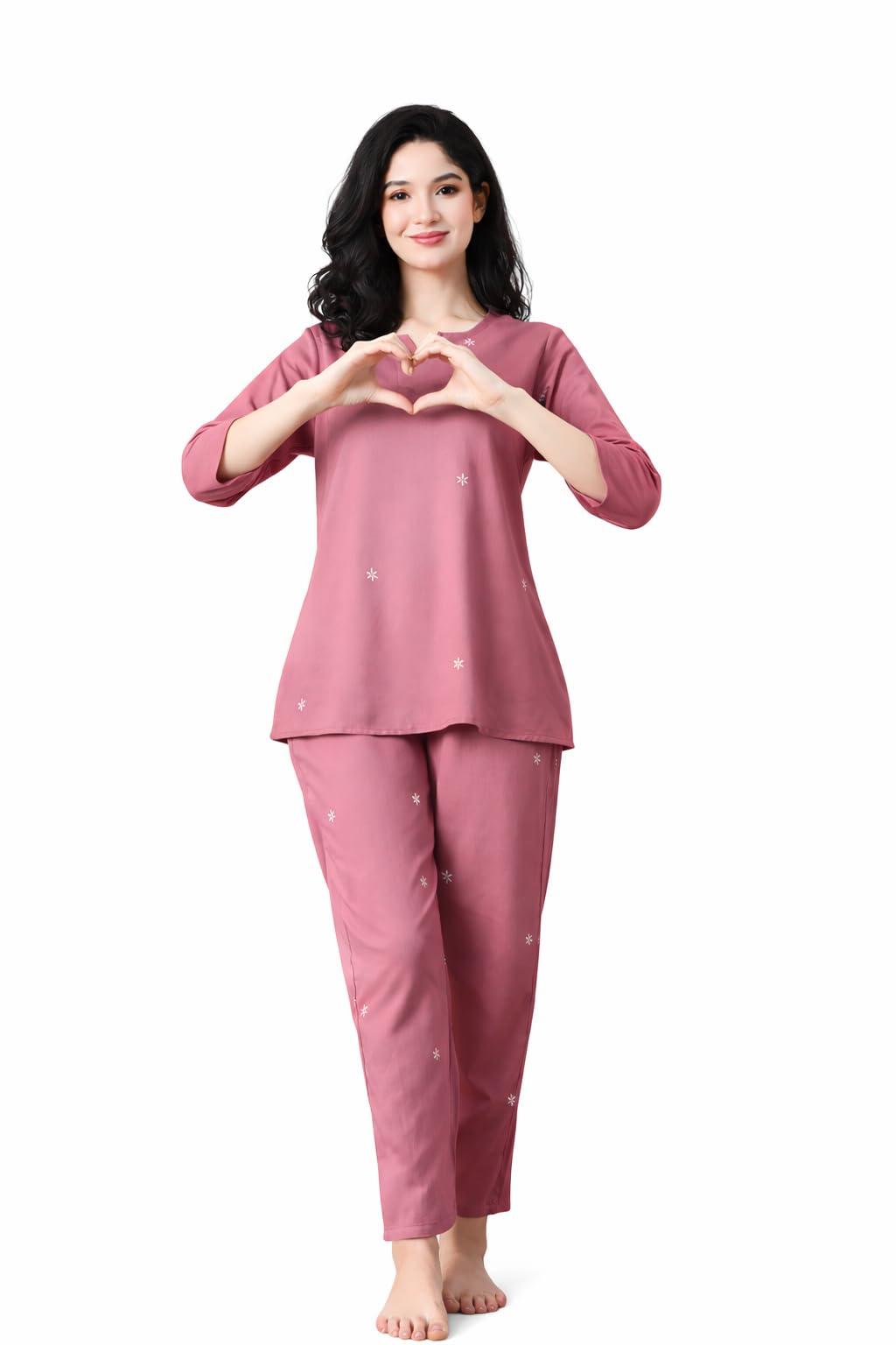 Ichaa Women's Rayon Purple Summer Printed Top and Pyjama Night Suit or Lounge Wear Set
