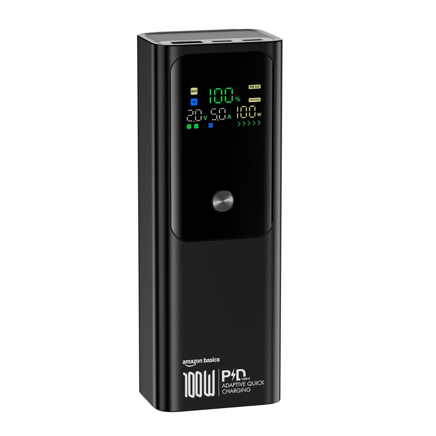 Amazon Basics 20000mAh 100W Fast Charging Power Bank | 2 USB-C PD 3.0 + 1 USB-A QC 3.0 | Laptop, Tablet & Phone Charging | Digital Display | Black