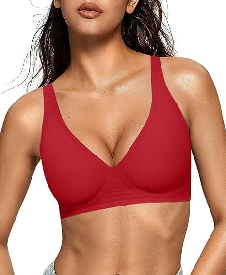 BUGARIO JellyLift Seamless Wireless Jelly Bra for Women | No Underwire, Deep V Invisible T-Shirt Bra | 360 Jelly Support, Adjustable Straps | S-3XL (in, Alpha, M, Regular, Red)