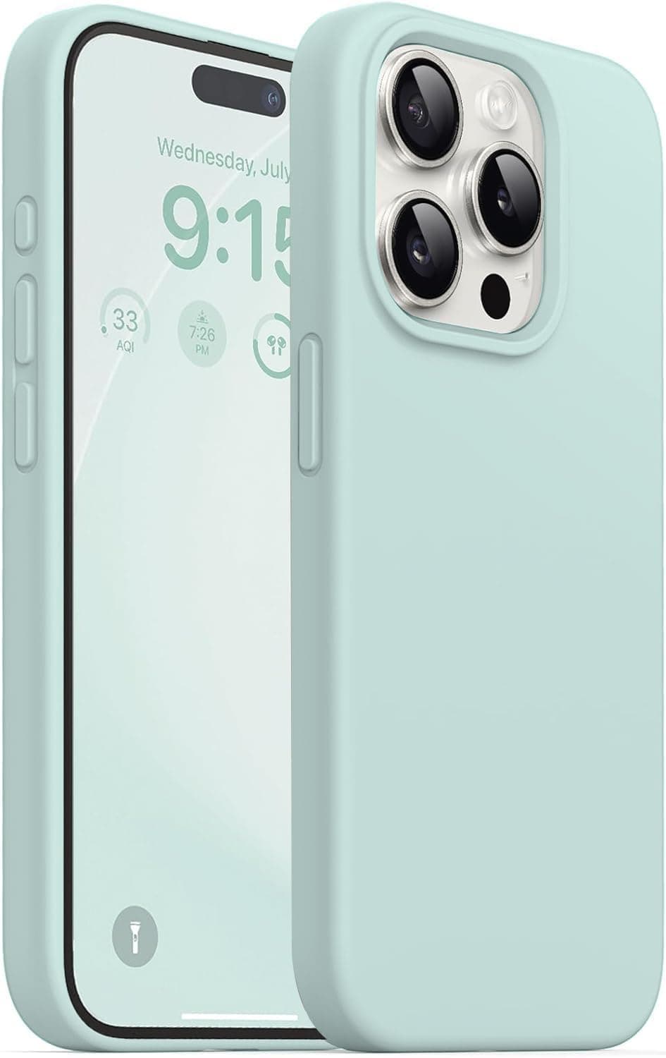 DIZORO Compatible for iPhone 15 Pro Case 6.1, Slim Liquid Silicone 3 Layers Full Covered Soft Gel Rubber Phone Case Protective Cover 6.1 Inch - Mint Green