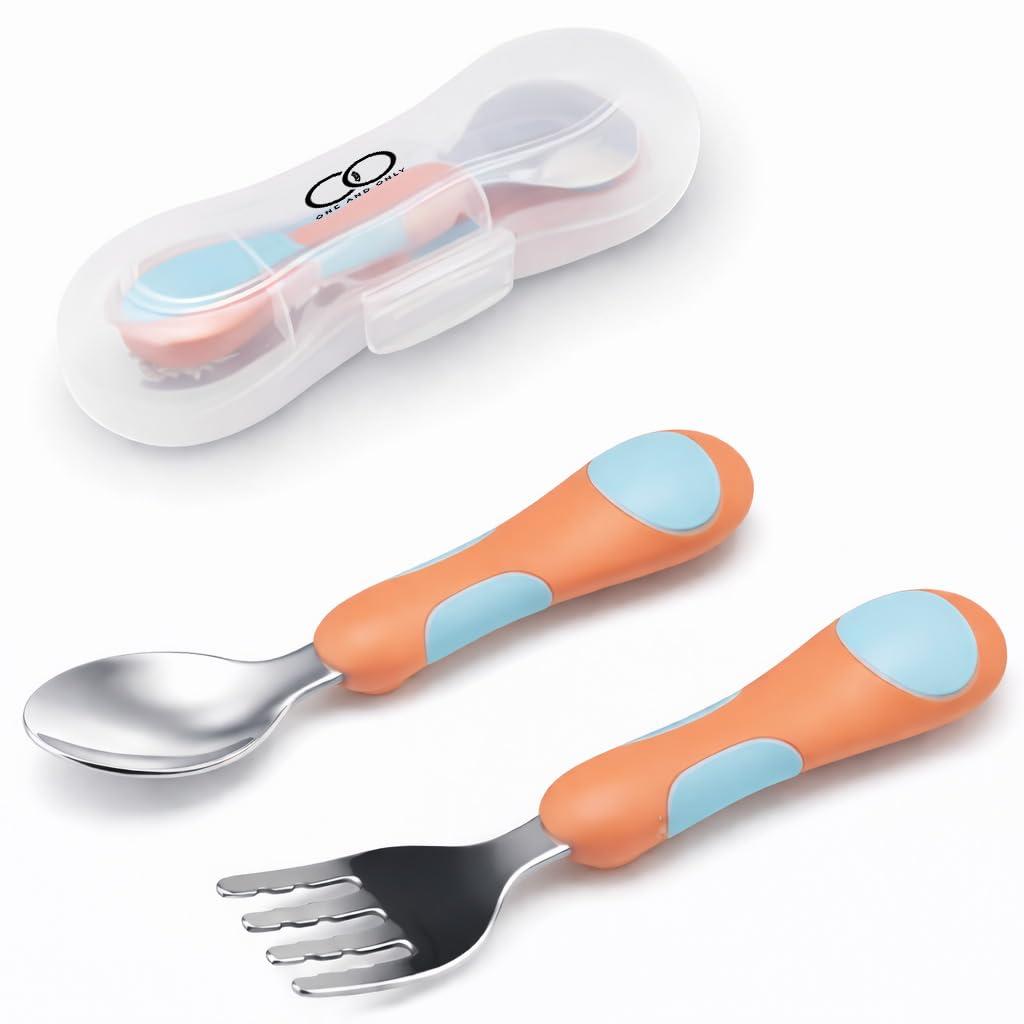 Baby Spoon and Fork Set, Orange Stainless Steel Toddler Cutlery Set with Easy Grip, 2 Pc, Self Feeding Utensils for Baby Meals School and Travel, Mealtime Essential