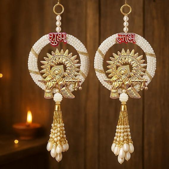 Shubh Labh Door Hanging Tags Pack of 2, Traditional Toran for Main Door Entrance, Mandir Pooja Room Decor, Diwali Decoration, Ganpati Festive Home Decor, Auspicious Indian Latkan Hanging
