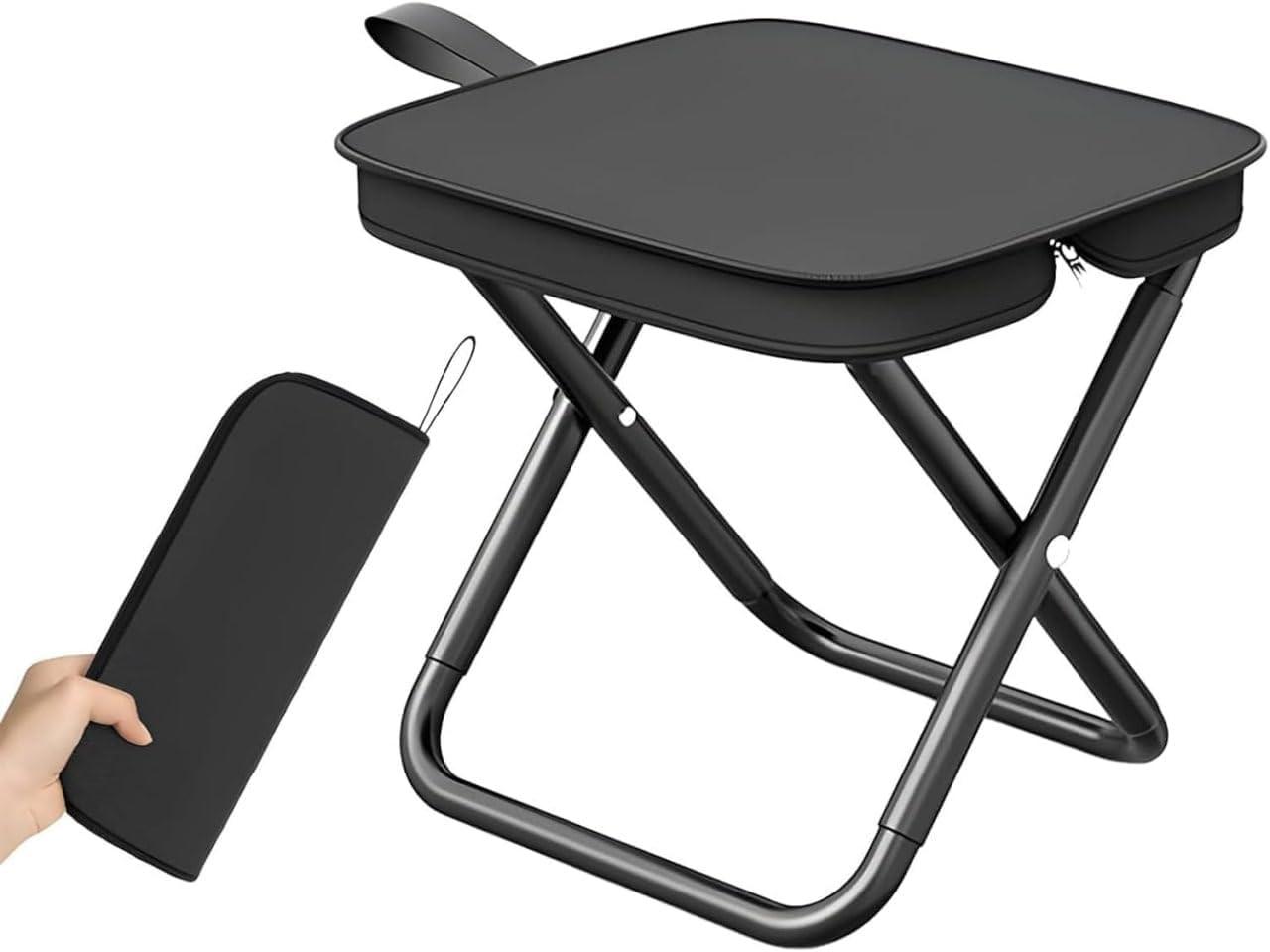 KUOPIO Folding Stool Portable Mini Outdoor Seat with Carry Bag - Lightweight Foldable Metal Frame Stool with Fabric Top, Compact Travel Chair for Camping, Fishing, Hiking and Home Use (Black)