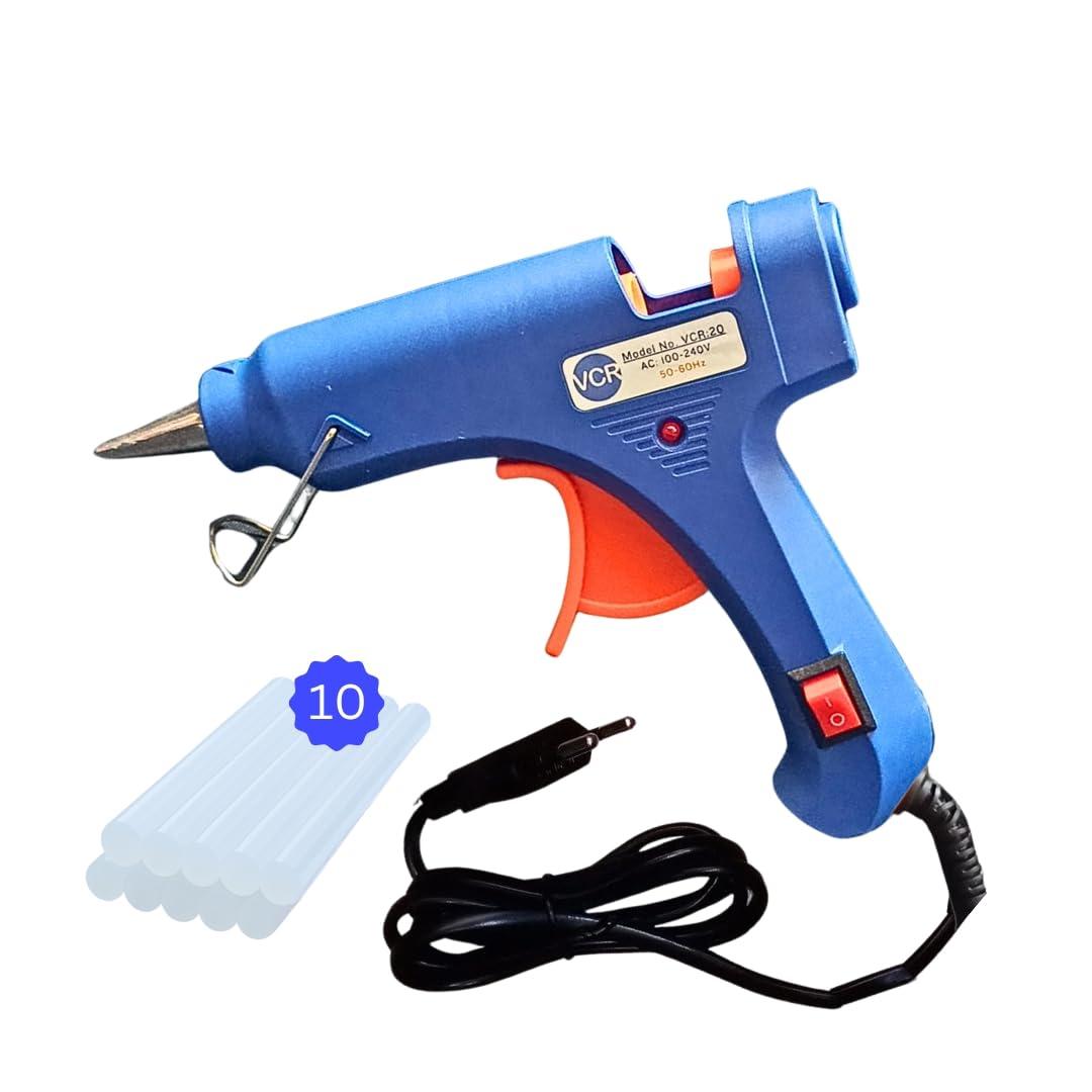 VCR 20W Hot Melt Glue Gun for Crafting & DIY Purpose - 20 Watts - ON/Off Switch for Precise Glue Output - Easy To Use Blue Glue Gun + 10 Transparent - 7mm Glue Sticks - VCR 20 Mini