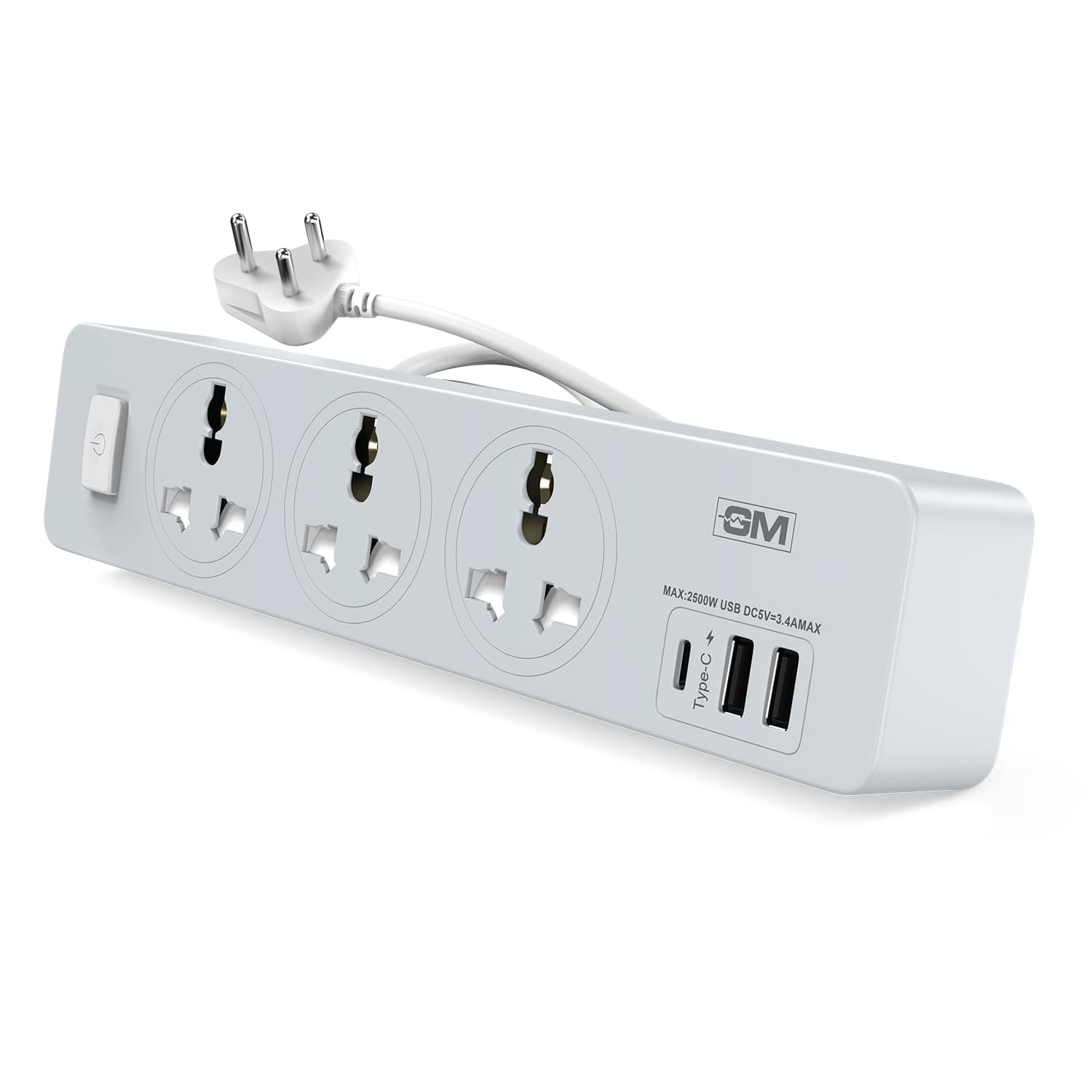 GM Cuba 3341 Extension Board with USB Port Type A & C | 2500 Watt Switch Board Surge Protector | Spike Guard with 1.8 Mtr Cord, 3 International Sockets | Fireproof Upto 750 Degree | 1 Year Warranty