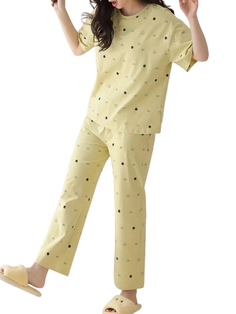 SHIENZY Women Korean Style Night Suit | Round Neck Short Sleeve Cute Printed Cotton Blend Pajama Set for Girls & Women | Soft Nightwear, Lounge Wear, Sleepwear for Women | Co-ord Set(New-1695_L.YLW_L)
