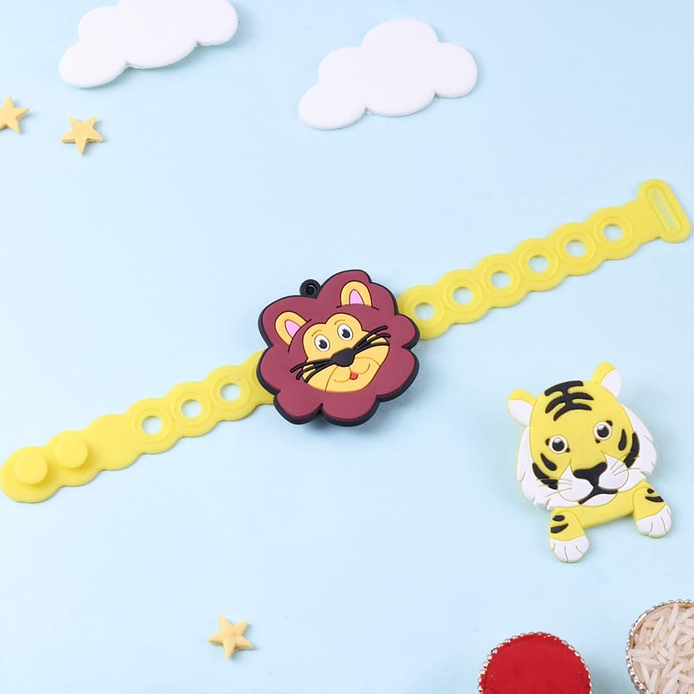 Floweraura Raksha Bandhan Celebrations 2-in-1 Lion & Tiger Crocs Charm Kids Rakhi - Rakhi Set for Brother | Bhai | Boy | Cousins | Rakshabandhan Gift Set