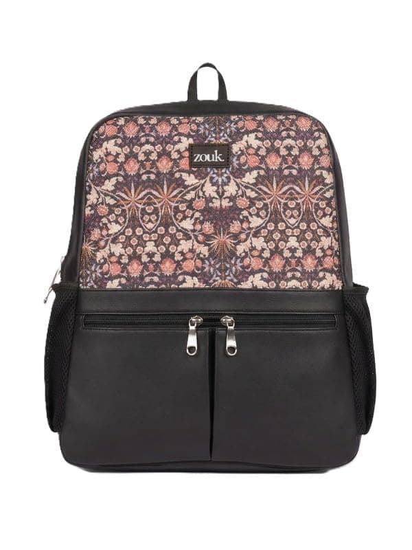 ZOUK Men Kashmir Blooms Floral Printed Jute Vegan Leather Multicolor Unisex Checkpoint Friendly Laptop Office Backpack 15.6 Inch Bag