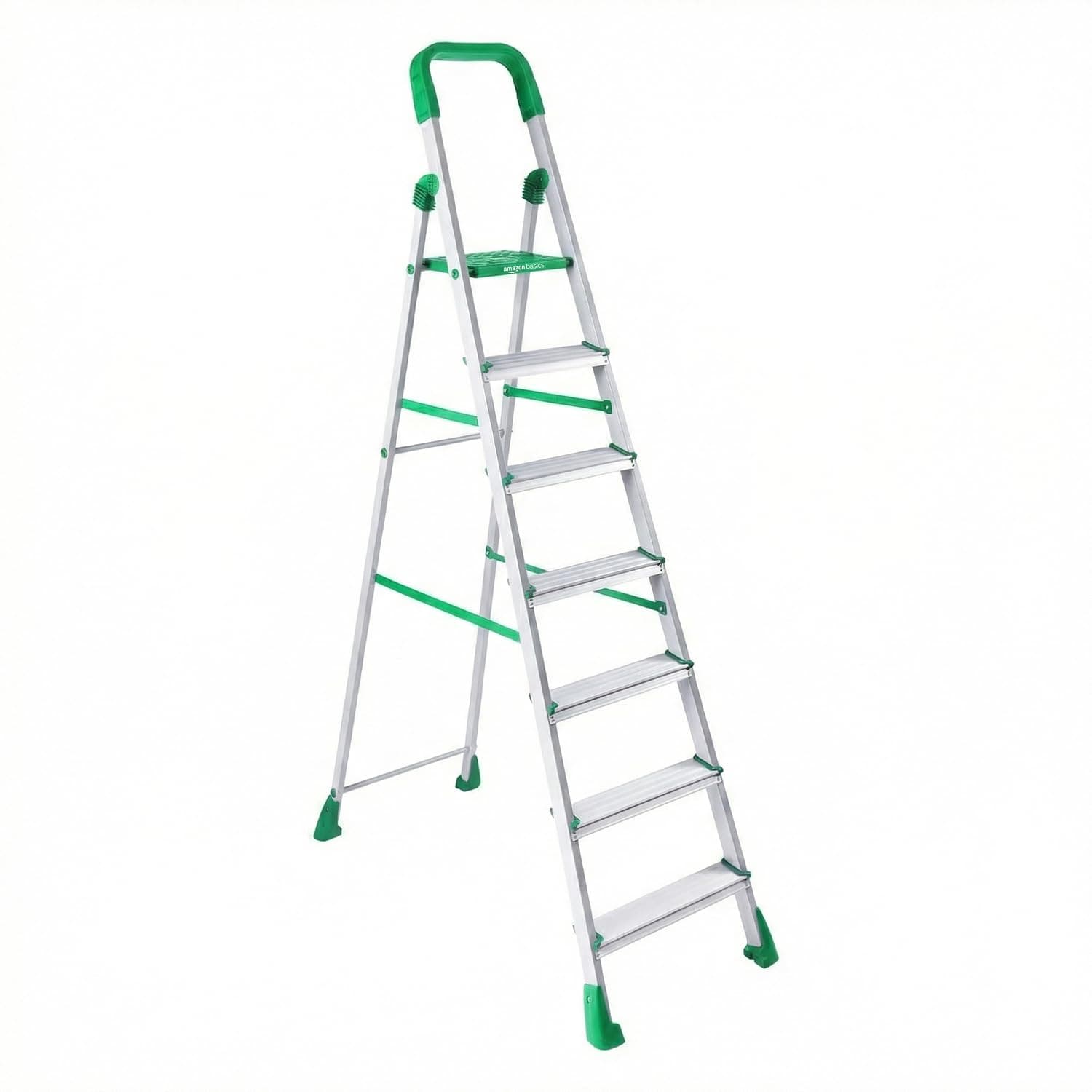Amazon Basics Clamber Pro - Foldable Step Ladder, Firm Grip, 7 Steps (Aluminium Steps, Green & Satin)