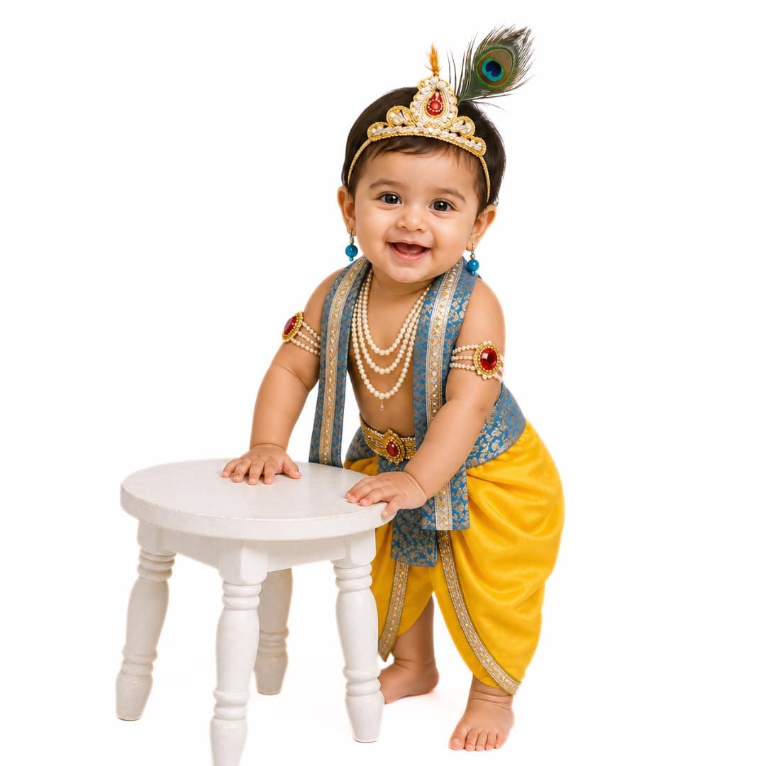 ITSMYCOSTUME Krishna Dress for Baby Boys & Girls | Little Krishna Costume Set with Dhoti, Mukut, Morpankh, Bansuri, Patka & Accessories | Janmashtami Fancy Dress for Kids (Yellow Turquoise)
