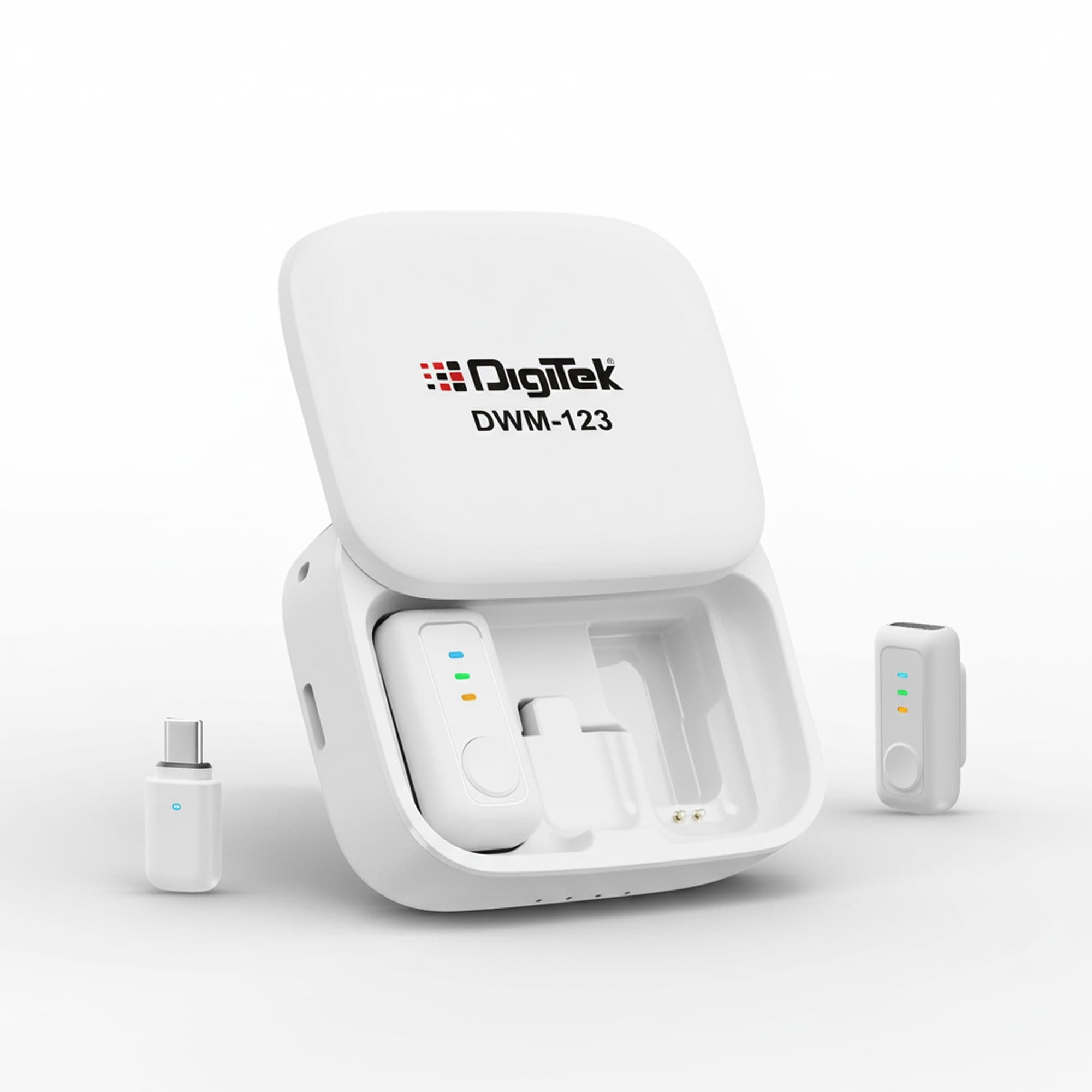 Digitek (DWM 123 2-in-1 Wireless Microphone System with Charging Case & Magnetic Collar Clip, Type-C Receiver for iPhone 15 & Above, Android Phones, 60m Range, Build in Microphone, (White)