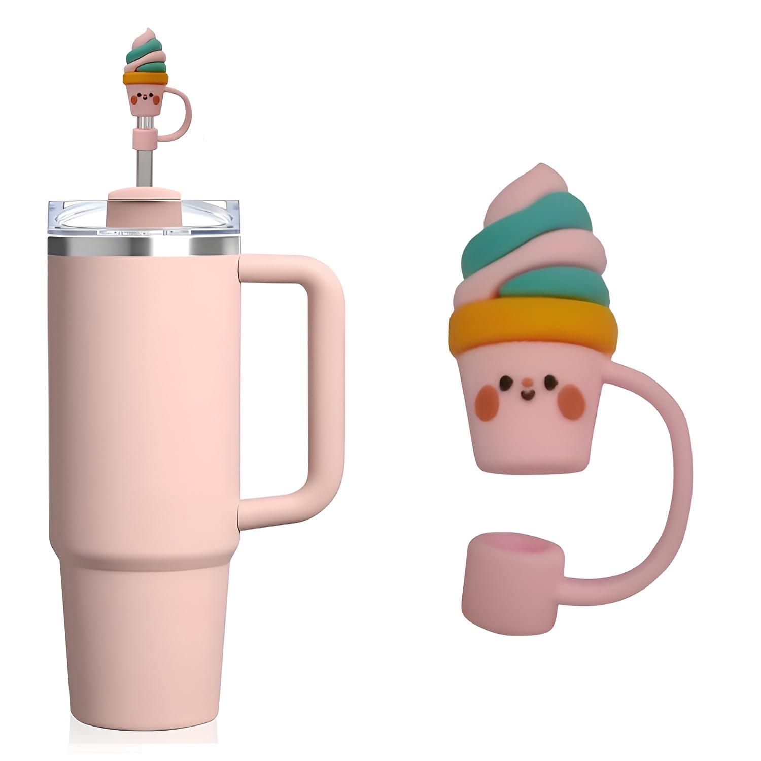 MISHI 1Pc Silicone Straw Cover Cap for Stanley Tumbler 10mm Straws, Ice Cream Shape, Reusable Dustproof Straw Topper, BPA Free Food Grade Silicone Drinkware Accessory for Kids and Adults