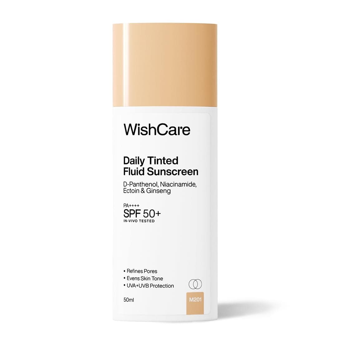 WishCare Daily Fluid Tinted Sunscreen SPF50 PA++++ | M201 | Broad Spectrum Protection for all skin types| In-Vivo Tested Tinted Sun Screen | D-Panthenol, Niacinamide, Ectoin & Ginseng | Evens & Protects | 50ml