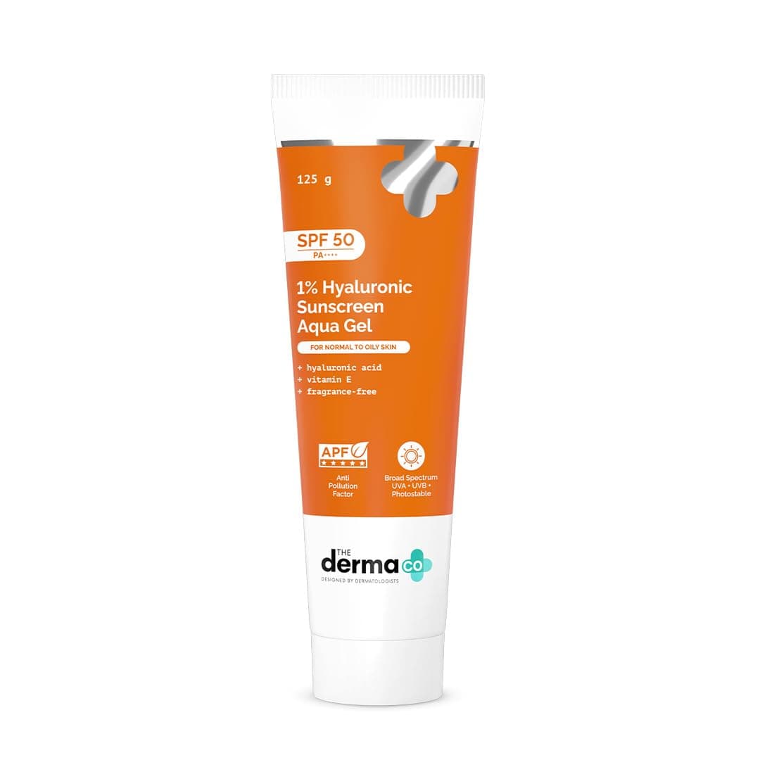 The Derma Co 1% Hyaluronic Sunscreen Aqua Gel SPF 50 PA++++ | Hydrating, Lightweight & Non-Greasy | No White Cast | Broad Spectrum & Blue Light Protection | Clinically Tested - (In-Vivo) | 125 g