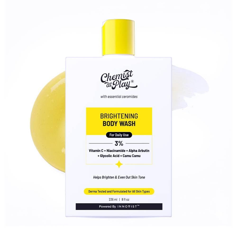 Chemist At Play Brightening Body Wash | Glowing Skin Detan Bodywash | Reduces Dark Spots, Tan & Evens out Skin Tone | Glycolic Acid | Alpha Arbutin | 30X Vitamin C with Camu Camu | Women & Men | 236ml