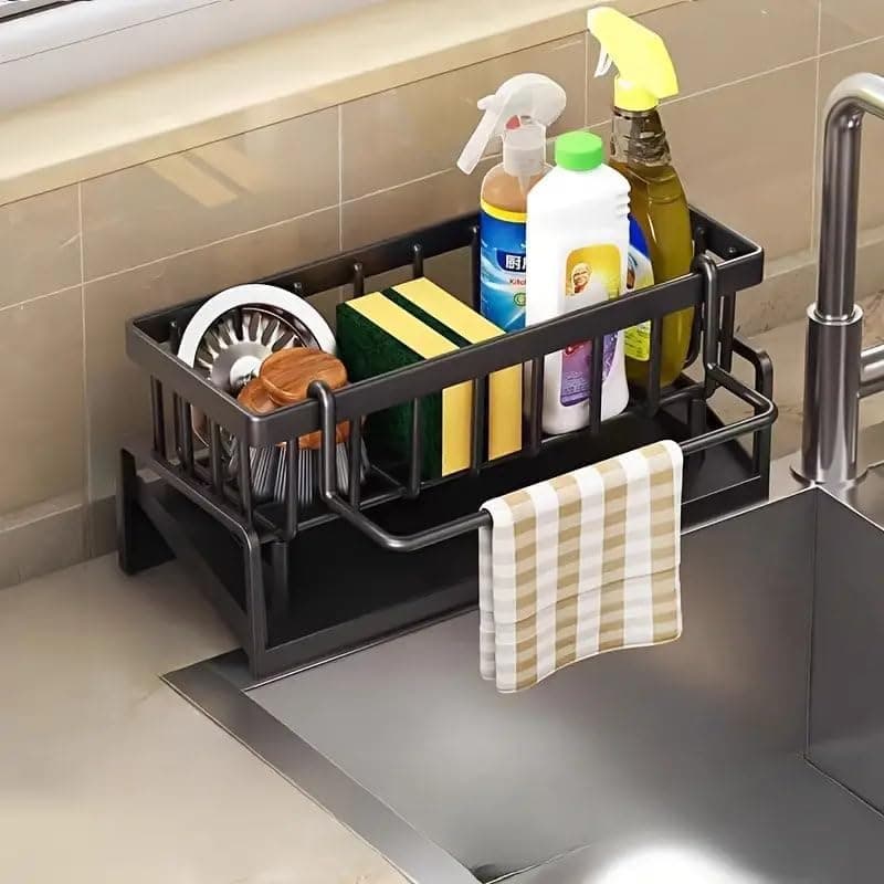 UTTARZONE Metal Sponge Holder for Kitchen Sink – Auto-Draining Sink Organizer Caddy with Soap Tray, Brush & Towel Holder | Heavy-Duty Powder-Coated Iron, Free-Standing Rack (Black, 23×10×9 cm)