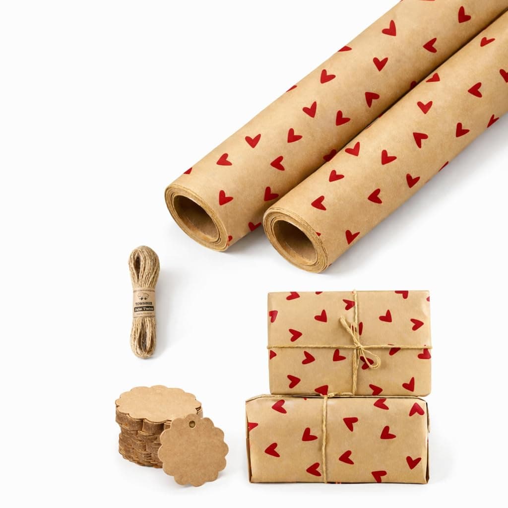 TOWNBUS Kraft Paper Gift Wrapping Pack of 10 (45cm x 60cm, 100 GSM) with Red Heart Print | Includes 10 Tags & Jute Ropes | Ideal for Gift Packing, Bouquet Wrapping & DIY Crafts