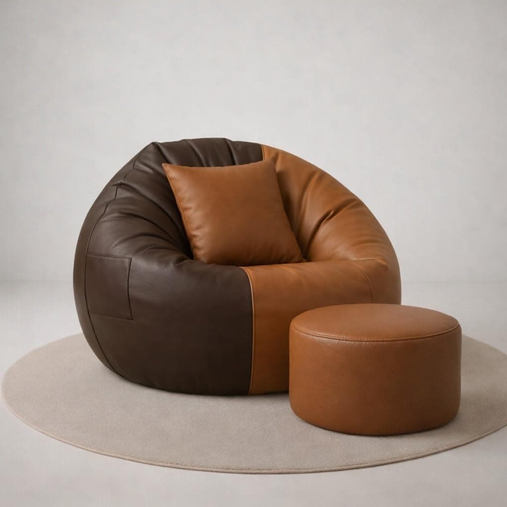 SHIRA 24 4XL Tear Drop Bean Bag with Footrest & Cushion | Premium Leatherette Bean Bag Cover | XXXXL Lounger Chair for Living Room | Without Beans | Upto 150 Kg (Brown::Tan, XXXXL)