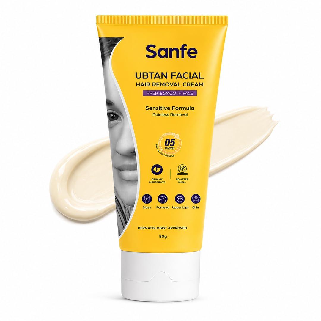 Sanfe Ubtan Facial Hair Removal Cream for Women | Face Hair Remover | Upper Lip Hair Removal Cream | Chin & Forehead Hair Removal | Sensitive Skin | Gentle, Painless Formula | 50g | Pack of 1