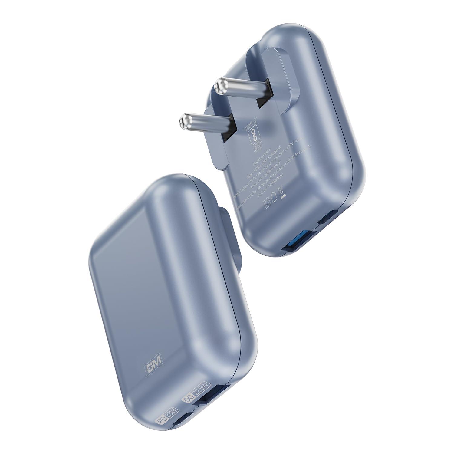 GM G+ 33W Spyder GaN Charger | Foldable Indian Pin | Travel Friendly | Type-C & USB-A Port | Advanced Protection for iPhone, Samsung, Pixel Series, Tablets, MacBook M1 |1 Year Warranty (Light Blue)