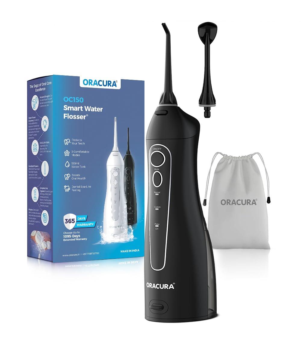 ORACURA OC150 Lite Smart Water Flosser for Teeth (Black, 2 Tips) | Portable & Rechargeable Oral Irrigator | 3 Modes, 8 Pressure Levels, 150ml Tank, IPX7 Waterproof, 365 Days Warranty