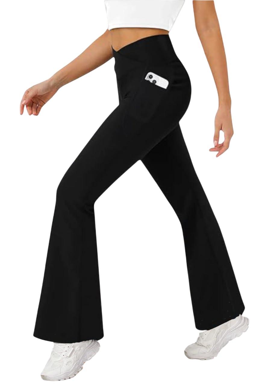 Imperative Women's Crossover High Waist Flared Yoga Pants with Phone Pocket, Comfort-Fit, Track Pants, Gym Tights (in, Alpha, L, Regular, Standard, Black)
