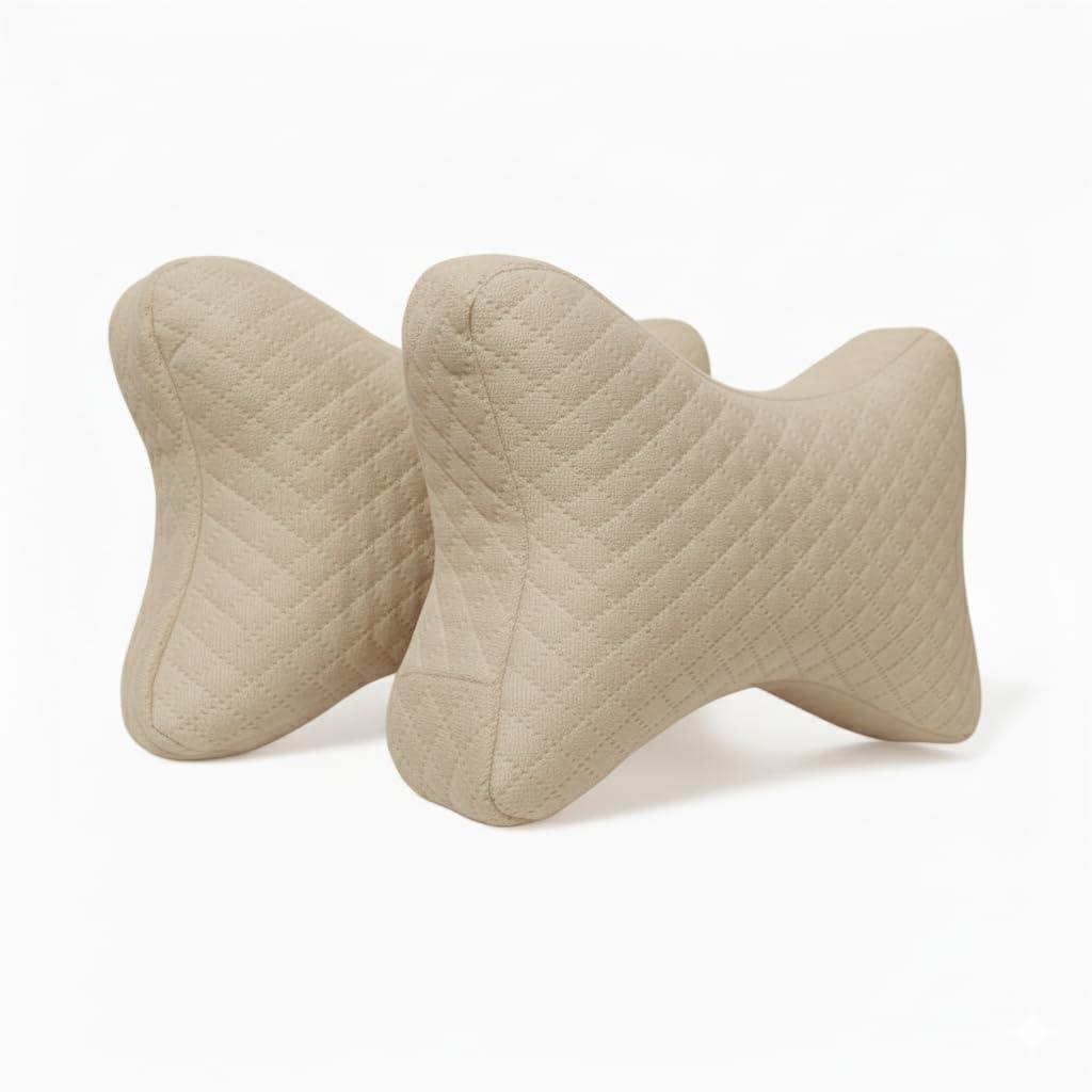 FAMEXON Velvet Soft car Neck Pillow for Travel, Travel Memory Foam Rest Pillow/Cushion Set of Pillows Compatible with All Cars - Pack of 2 Pieces (Memory Foam Beige)